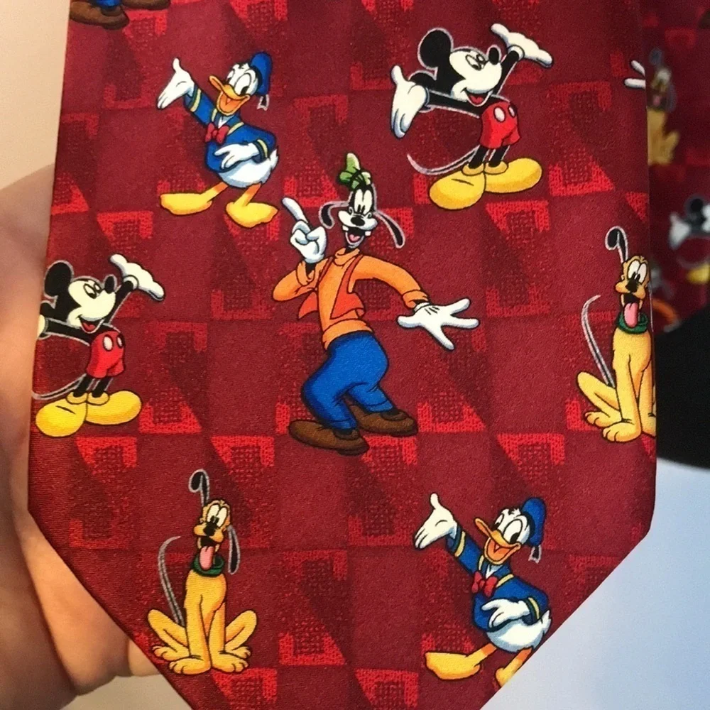Mickey Unlimited Silk Handmade Mickey Donald Pluto Goofy Dark Red Necktie Retro